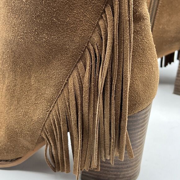 Arturo Chiang Suede Leather Fringe Chunky Heel Booties Boots Tan Camel Boho  7M - Picture 10 of 12